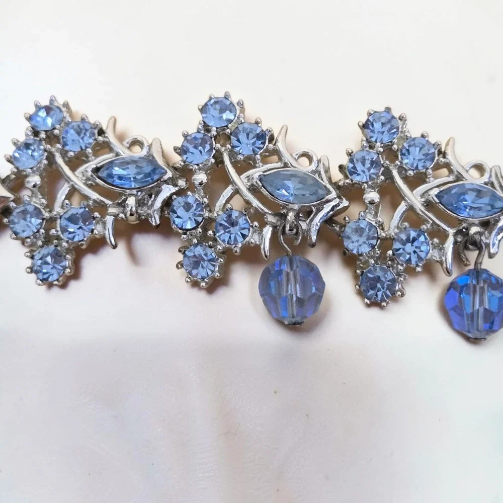 Vtg Coro Blue Aurora Borealis Rhinestone Bracelet Silver Tone Dangle Beaded 7.5